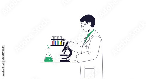 A stylized illustration depicting a scientist in a lab coat working with a microscope, test tubes, and a flask for a scientific research project