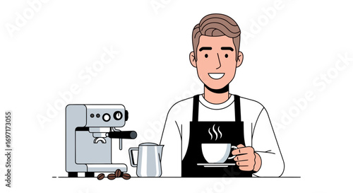Professional barista illustration preparing a steaming cup of coffee with an espresso machine in a minimalist cafe setting for beverage and restaurant promotion