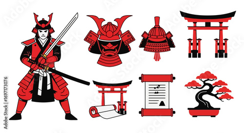 A collection of traditional Japanese cultural elements featuring samurai warriors, helmets, torii gates, calligraphy scrolls, and bonsai trees for Asian-inspired design