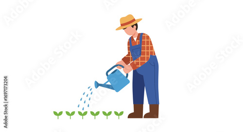 An illustration showcasing a farmer watering newly planted seedlings with a watering can, highlighting sustainable agriculture and the nurturing of new life