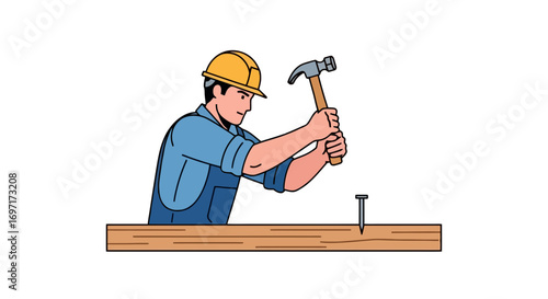 Illustration of a construction worker hammering a nail into a wooden plank, ideal for construction, carpentry, or DIY projects, providing a visual representation of skilled labor