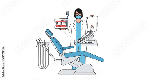 An illustration of a dentist holding a dental model, showcasing dental equipment in a modern clinic for healthcare professionals, dental students, and patient education materials