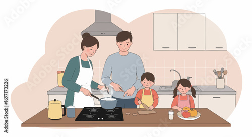 A heartwarming illustration of a happy family, with parents and children