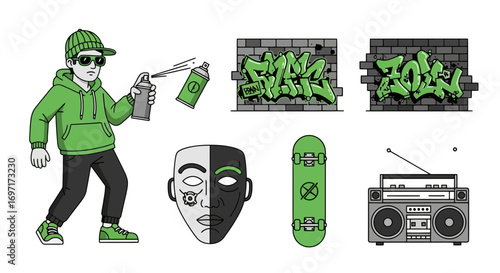 A collection of urban street art elements featuring a graffiti artist, spray paint cans, brick wall tags, a mask, a skateboard, and a boombox for creative projects