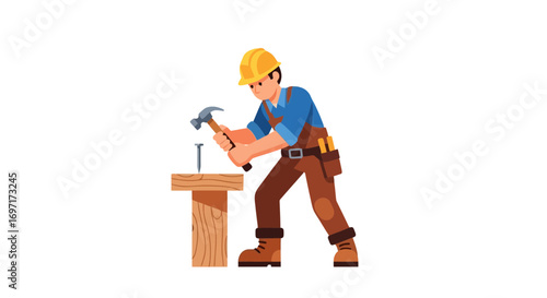 A vector illustration of a construction worker hammering a nail into a wooden plank wearing a hard hat and tool belt for do it yourself home improvement projects