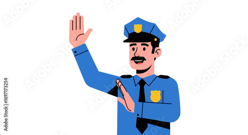 A cartoon style illustration of a police officer directing traffic with a raised hand against a plain white background for use in safety campaigns
