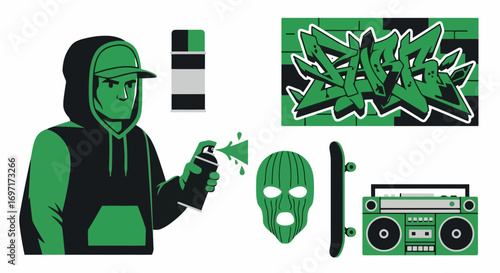 A vibrant collection of urban graffiti elements featuring a street artist, boombox, skateboard, ski mask, and spray paint for dynamic street art designs and backgrounds.