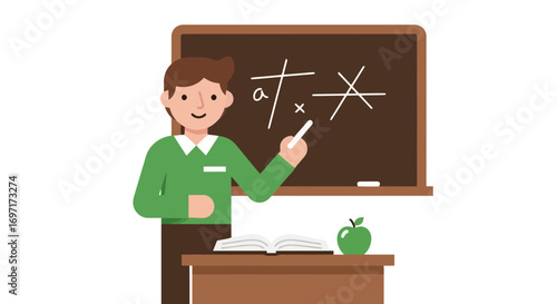 An illustrated teacher explains mathematical formulas and equations on a blackboard during a lesson in a classroom setting for educational resources