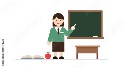 A cheerful teacher illustration holding chalk by a chalkboard, perfect for educational content, classroom themes, and back to school promotion, conveying learning
