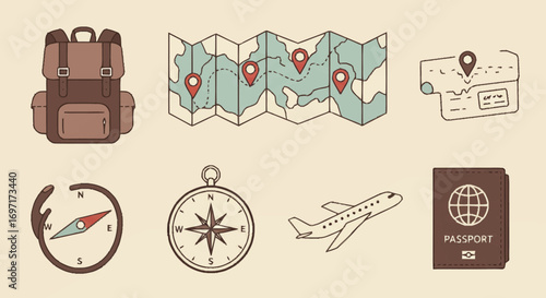 Travel Essentials A Vector Illustration of Backpack, Map, Compass, Airplane, and Passport