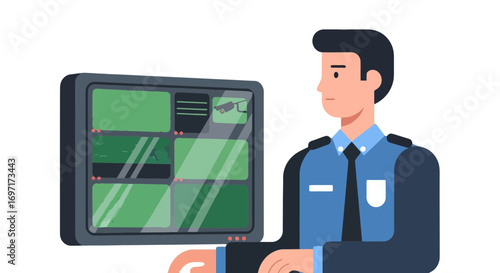 An illustration of a security guard monitoring surveillance cameras in a control room for safety and crime prevention in various industries