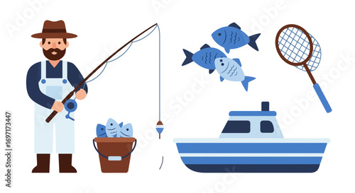 An illustration depicting a fisherman with his fishing rod, a boat, a net, and his catch of fish, ideal for children's books and educational materials