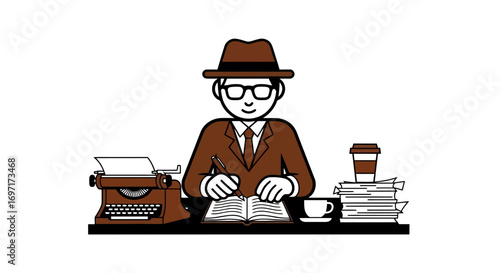 Writer's workspace with vintage typewriter, open book, and coffee, ideal for articles on authors, writing tips, and creative inspiration