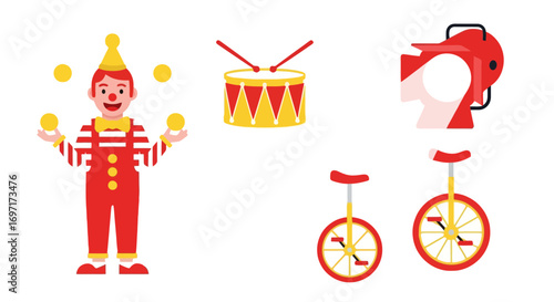A vibrant circus themed vector collection featuring a clown juggling, a drum, a megaphone, and unicycles for children’s educational materials and event decorations.