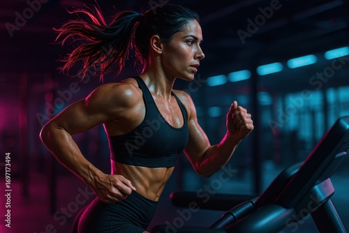 Focused athletic woman running on treadmill in sleek modern gym dynamic stride ponytail flying with neon accents and motivational high energy vibe