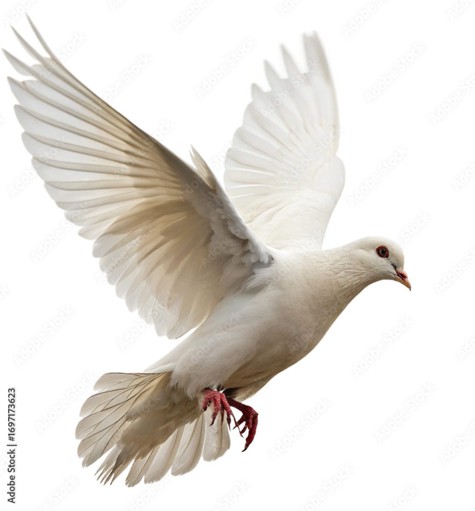 Fototapeta premium Graceful white dove soaring with wings spread, symbolizing peace and freedom in flight.