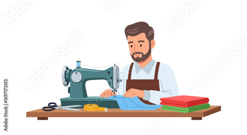 An illustration of a focused tailor using a sewing machine, creating custom clothing in a studio setting for small business promotion