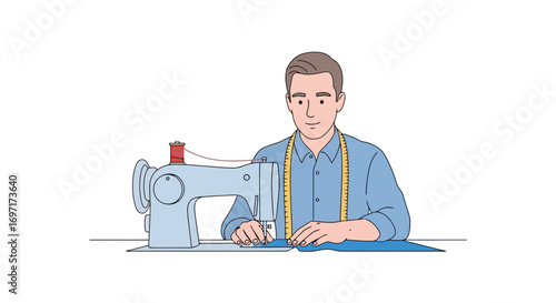 A focused illustration of a male tailor meticulously operating a sewing machine to stitch fabric, ideal for fashion, craftsmanship, and sartorial content