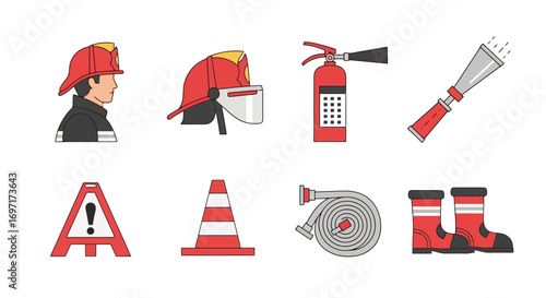 An organized set of illustrated firefighting equipment including helmet, extinguisher, hose, boots, cone, and warning sign for safety awareness and emergency response