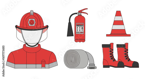 An illustration of firefighter safety equipment essentials: helmet, extinguisher, hose, boots, and cone for emergency preparedness and community protection