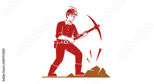 A symbolic representation of a miner striking rock with a pickaxe, ideal for mining company logos, resource extraction industry branding, and historical labor illustrations