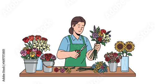 Woman florist creating a beautiful bouquet of colorful flowers on a wooden counter for a cheerful and artistic floral arrangement illustration