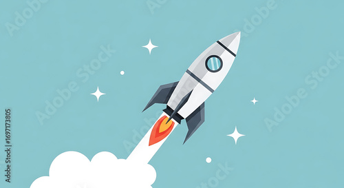 Futuristic rocket launching into starry sky, symbolizing innovation and exploration.
