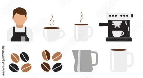 A minimalist vector illustration showcasing coffee preparation elements, featuring an artisan barista, steaming mugs, coffee beans, and a professional espresso machine for cafe designs