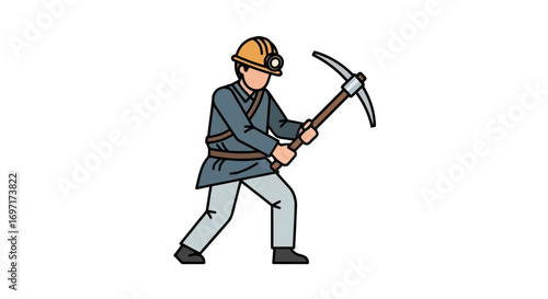 Isolated vector illustration of a coal miner with pickaxe for use in safety campaigns and educational materials, ideal for mining company brochures and industry presentations