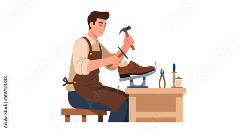 Illustration Of A Craftsman Repairing A Leather Shoe With Traditional Tools And Skills For Vintage Craftsmanship Marketing Materials