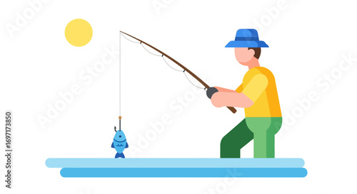 Vector illustration of a man fishing in minimalist flat design for recreational and outdoor activity themed graphic elements and children's book illustrations