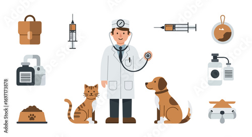A comprehensive veterinary care illustration showcasing a vet, cat, dog, and essential equipment for pet health and well-being in a clean, modern style