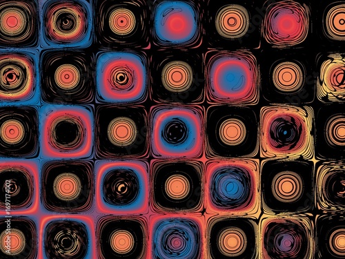 Vibrant abstract squares with swirling circles create a psychedelic pattern.