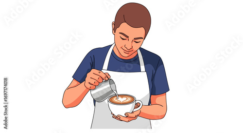 An illustration of a barista creating latte art by pouring milk into a cappuccino, showcasing coffee culture and the art of coffee making for cafe promotions