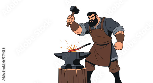 An illustration of a strong blacksmith forging a metal with hammer on anvil for fantasy, historical, and industrial design, showcasing craftsmanship and strength
