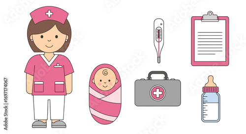 An adorable illustration of a pediatric nurse, a newborn baby, and medical equipment perfect for children's healthcare education and pediatric clinic decoration