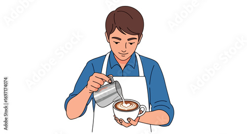 An illustration of a young barista carefully pouring steamed milk into a cup of coffee to create latte art in a modern cafe environment