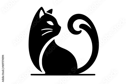 Elegant black cat silhouette with curved tail sitting looking right
