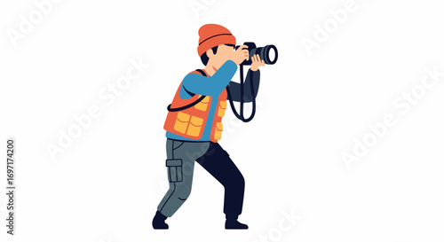 A professional photographer in action capturing the perfect shot with a digital camera, ideal for illustrating photography skills, journalism, or outdoor photography projects