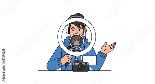 Illustration portraying a young adult recording a podcast with professional equipment, ideal for promoting content creation and digital storytelling