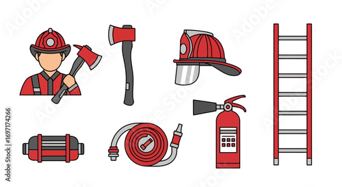 A collection of firefighter tools and equipment in a minimalist, outlined design for emergency services, safety education, and community awareness campaigns