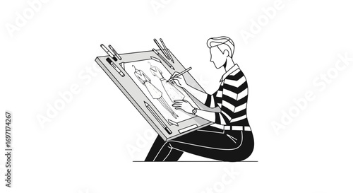 A fashion designer creating a new dress design on a drawing board, showcasing the artistic process of conceptualizing clothing and bringing creative visions to life