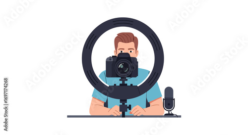 A minimalist illustration of a content creator using a ring light, camera, and microphone for video production and online streaming, suitable for educational tutorials