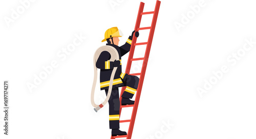 A courageous firefighter ascends a vibrant red ladder, symbolizing emergency response, public safety, and the unwavering dedication of first responders in challenging situations