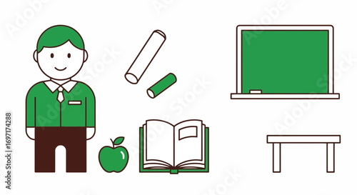 An endearing vector illustration of a teacher, chalkboard, open book, apple, and chalk pieces representing education and learning environments for primary school resources