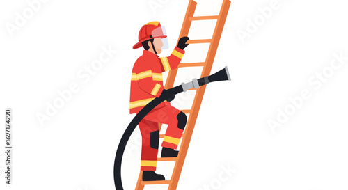 A brave firefighter climbing a ladder with a hose in hand, ready to combat flames during a fire emergency, perfect for safety education materials and awareness campaigns