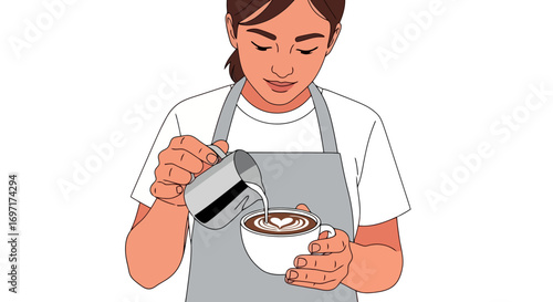 A digital drawing of a barista creating latte art with milk in a white cup, suitable for coffee shop promotion, illustrating coffee making, or culinary instruction