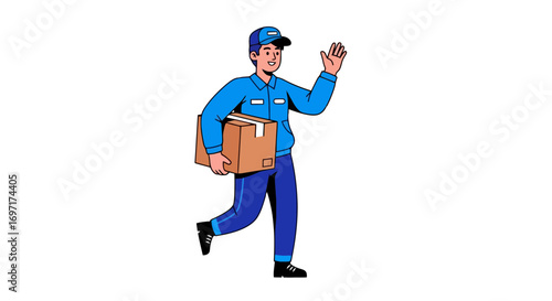 Cheerful Delivery Man Illustration in Blue Uniform, Ideal for E-commerce Websites, Mobile Apps, and Promotional Material for Logistics Services