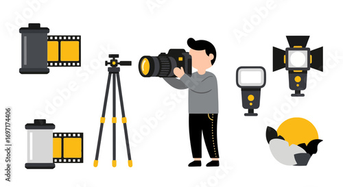 Photography Equipment and Photographer Illustration, Ideal for Educational Materials, Photography Blogs, and Tutorials on Visual Arts