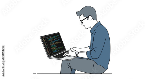 Minimalist Illustration of a Programmer Coding on a Laptop, Ideal for Tech Blogs, Educational Material and Software Development Websites
